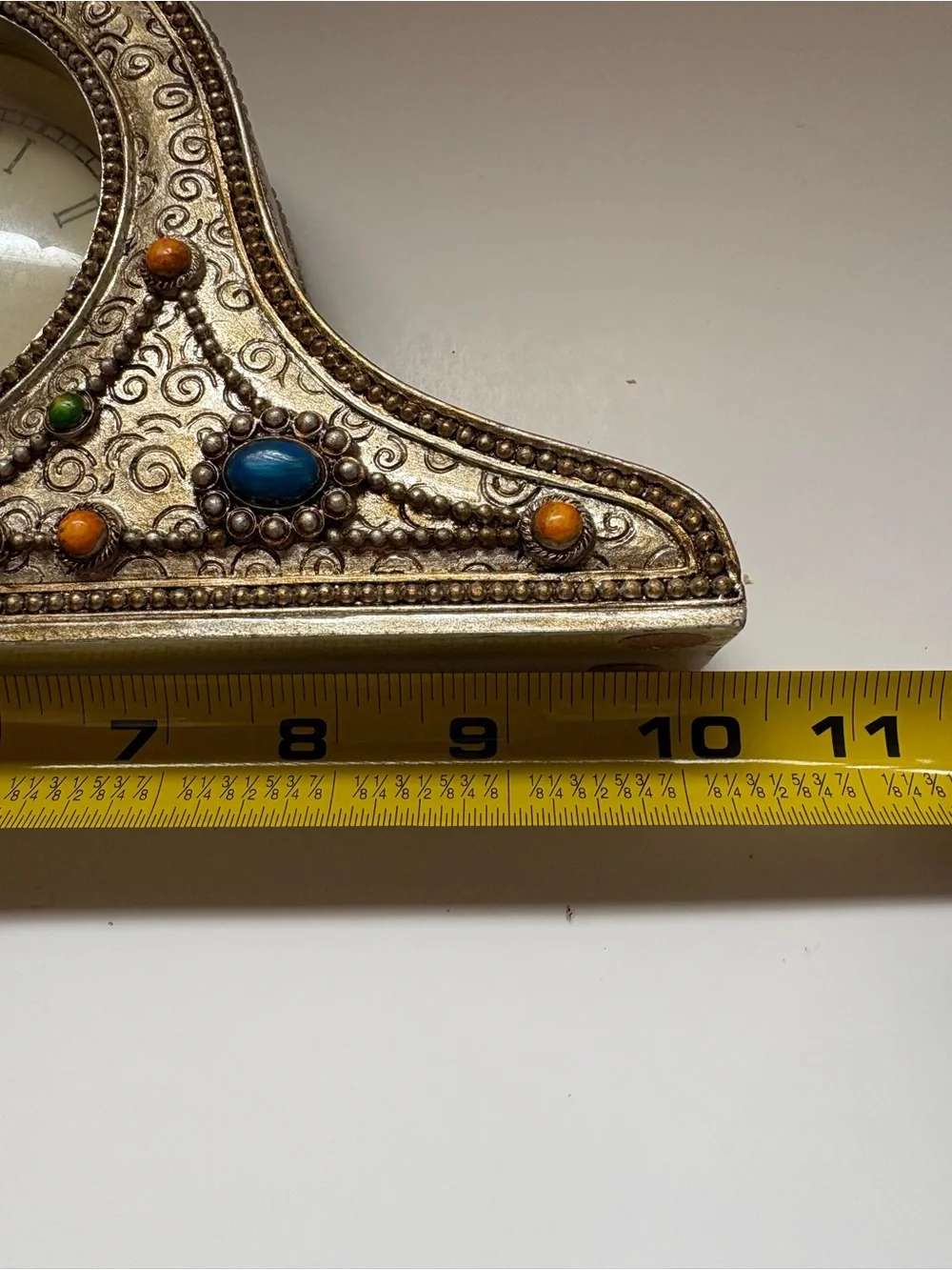 Ornate Silver-Tone Mantel Clock with Multicolor Accents